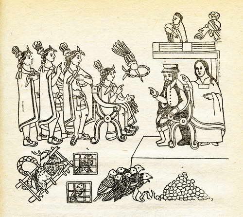 hernan cortes y Malinche con Moctezuma en Tenochtitlan, November 1519