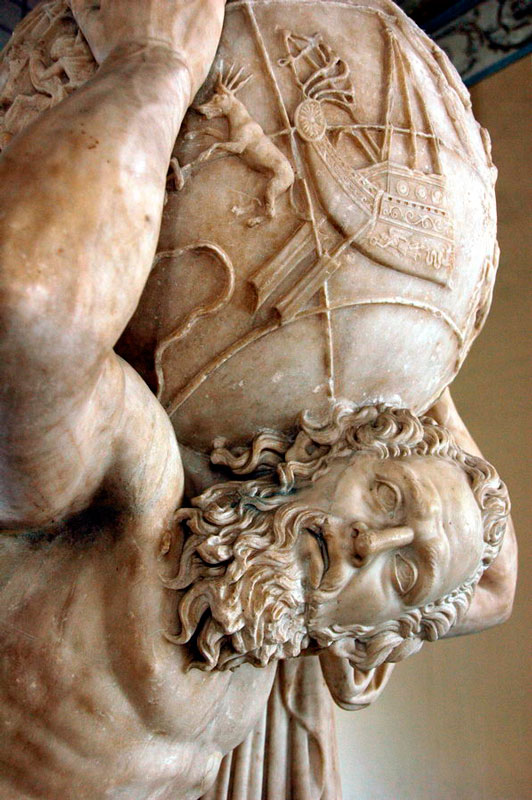 Escultura de Atlas con el mundo sobre los hombros (siglo II, Museo Arqueológico Nacional de Nápoles Italia).