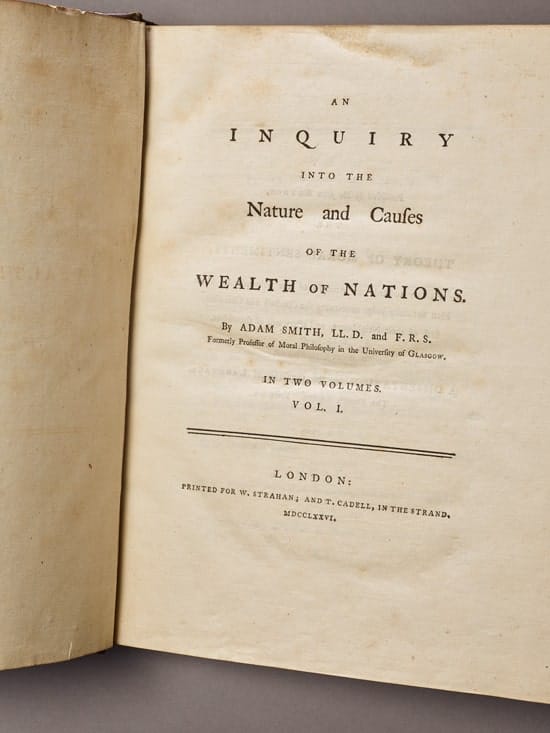 Primera edición de La riqueza de la naciones de Adam Smith